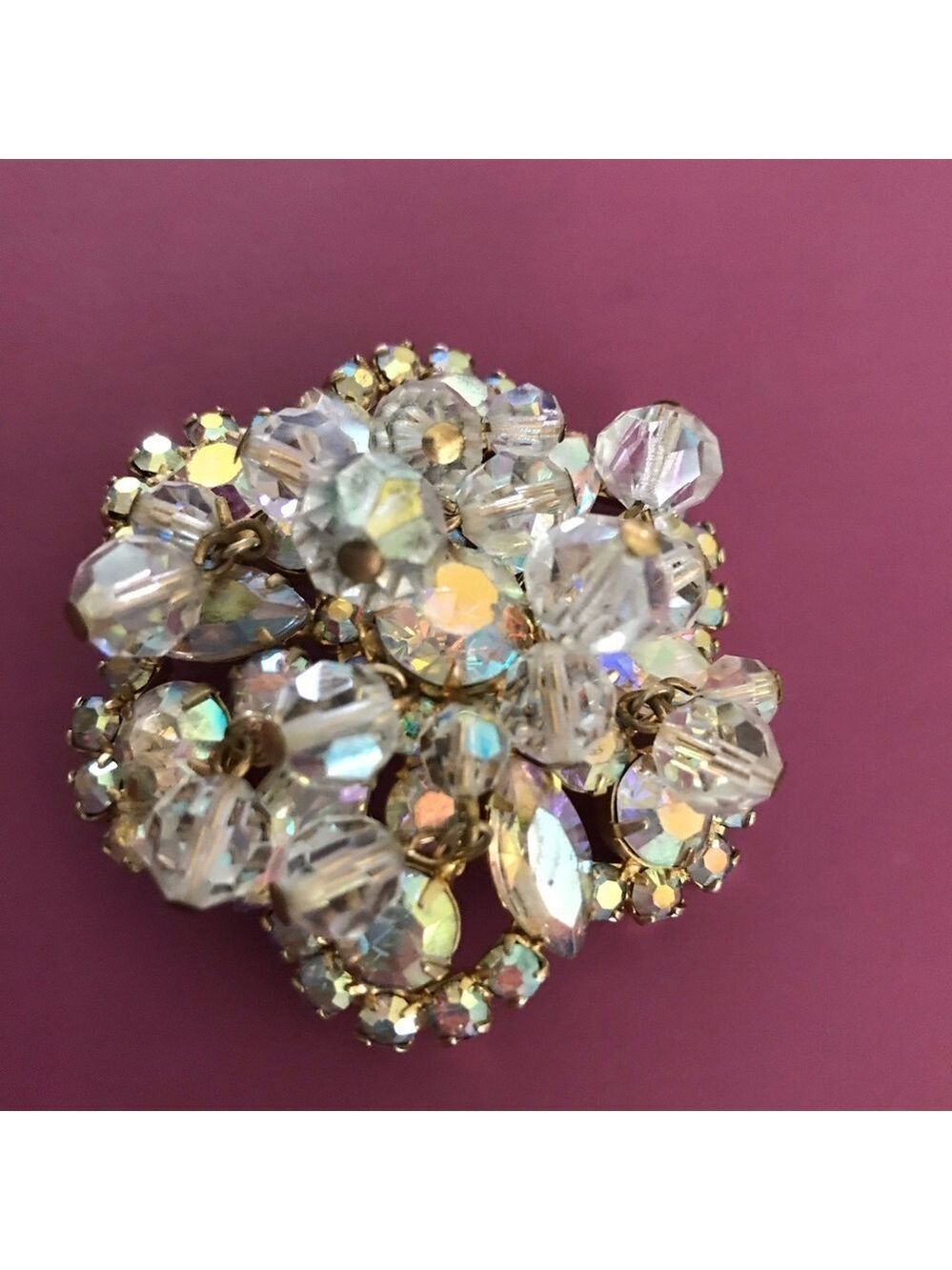 Juliana DeLizza and Elster Style Aurora Borealis Brooch, Dangling Large Crystals